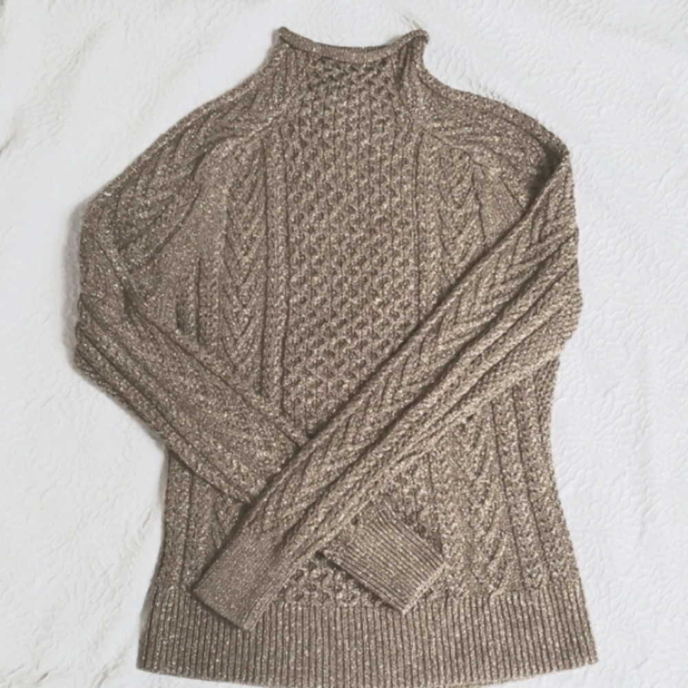 Brooks Brothers Gold Cowl Neck Sweater with Intricate Cable Knit